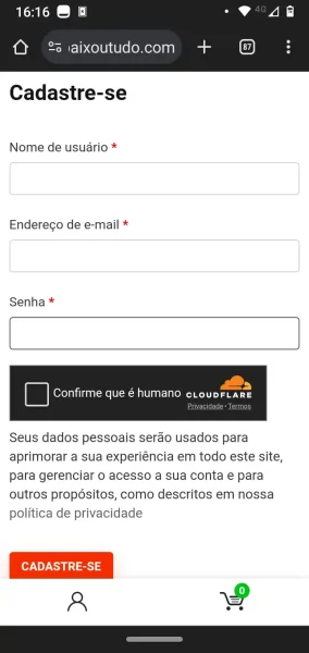 Para criar uma conta, clique na foto para acessar. Preencha nome de usuário, email e senha e clique no botão "CADASTRE-SE"